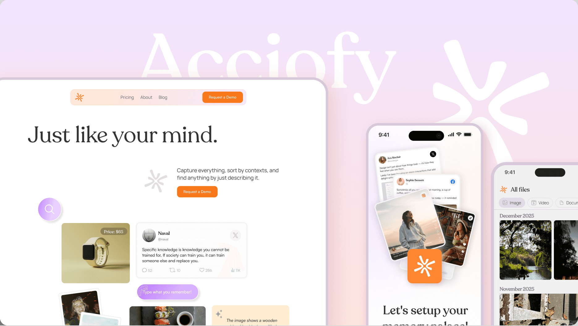 Acciofy - mobile app showcase with three iPhone mockups displaying a photo memory app