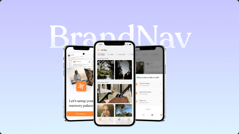 BrandNav - mobile app showcase with three iPhone mockups displaying a navigation app